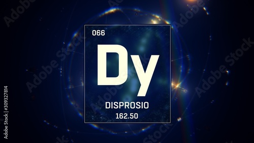 3D illustration of Dysprosium as Element 66 of the Periodic Table. Blue illuminated atom design background with orbiting electrons. Name, atomic weight, element number in Spanish language photo