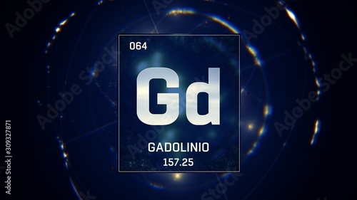 3D illustration of Gadolinium as Element 64 of the Periodic Table. Blue illuminated atom design background with orbiting electrons. Name, atomic weight, element number in Spanish language photo