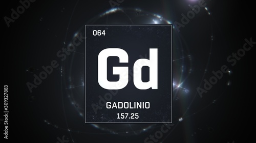 3D illustration of Gadolinium as Element 64 of the Periodic Table. Silver illuminated atom design background with orbiting electrons. Name, atomic weight, element number in Spanish language photo