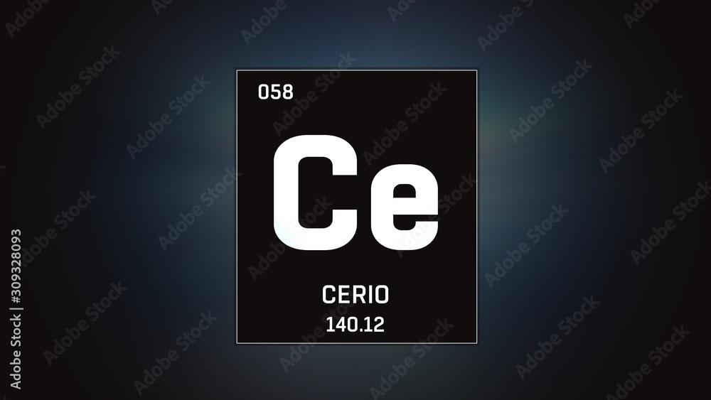 3D illustration of Cerium as Element 58 of the Periodic Table. Grey illuminated atom design background with orbiting electrons. Name, atomic weight, element number in Spanish language 3D illustration of Cerium as Element 58 of the Periodic Table. Grey illuminated atom design background with orbiting electrons. Name, atomic weight, element number in Spanish language