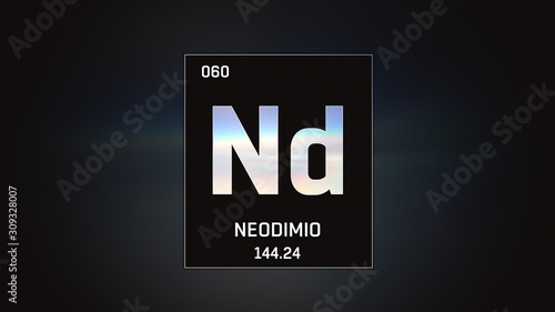 3D illustration of Neodymium as Element 60 of the Periodic Table. Grey illuminated atom design background with orbiting electrons. Name, atomic weight, element number in Spanish language