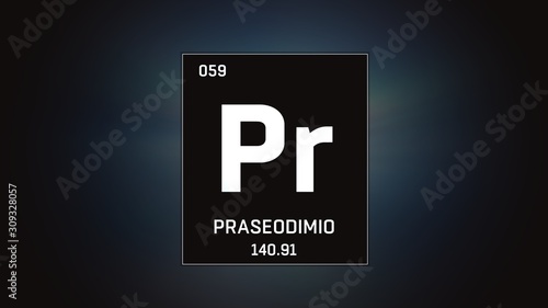 3D illustration of Praseodymium as Element 59 of the Periodic Table. Grey illuminated atom design background with orbiting electrons. Name, atomic weight, element number in Spanish language