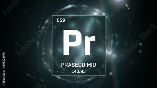 3D illustration of Praseodymium as Element 59 of the Periodic Table. Green illuminated atom design background with orbiting electrons. Name, atomic weight, element number in Spanish language photo