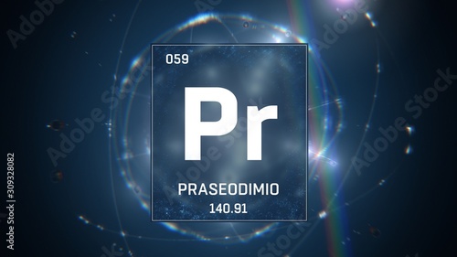 3D illustration of Praseodymium as Element 59 of the Periodic Table. Blue illuminated atom design background with orbiting electrons. Name, atomic weight, element number in Spanish language photo