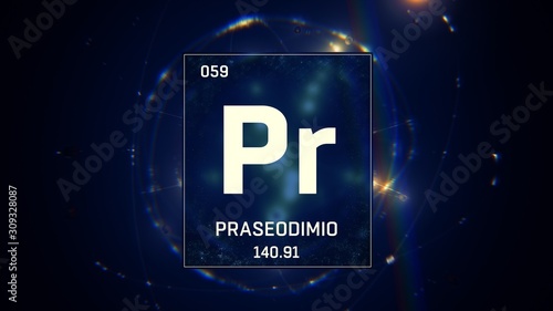 3D illustration of Praseodymium as Element 59 of the Periodic Table. Blue illuminated atom design background with orbiting electrons. Name, atomic weight, element number in Spanish language photo