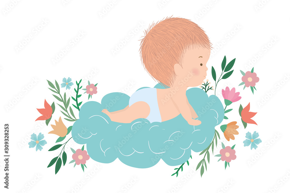 Cute baby boy over cloud with flowers and leaves vector design Cute baby boy over cloud with flowers and leaves vector design