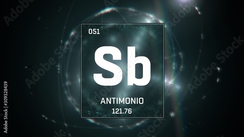 3D illustration of Antimony as Element 51 of the Periodic Table. Green illuminated atom design background with orbiting electrons. Name, atomic weight, element number in Spanish language