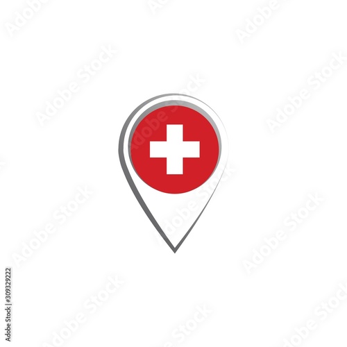 Icon pin illustration, map marker with a stylish Swiss country flag in a circle
