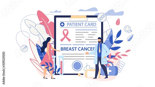 Cartoon Woman and Doctor People Characters Standing near Flat Patient Card with Breast Cancer Diagnose and Awareness. Consultation and Treatment. Healthcare and Disease Prevention. Vector Illustration