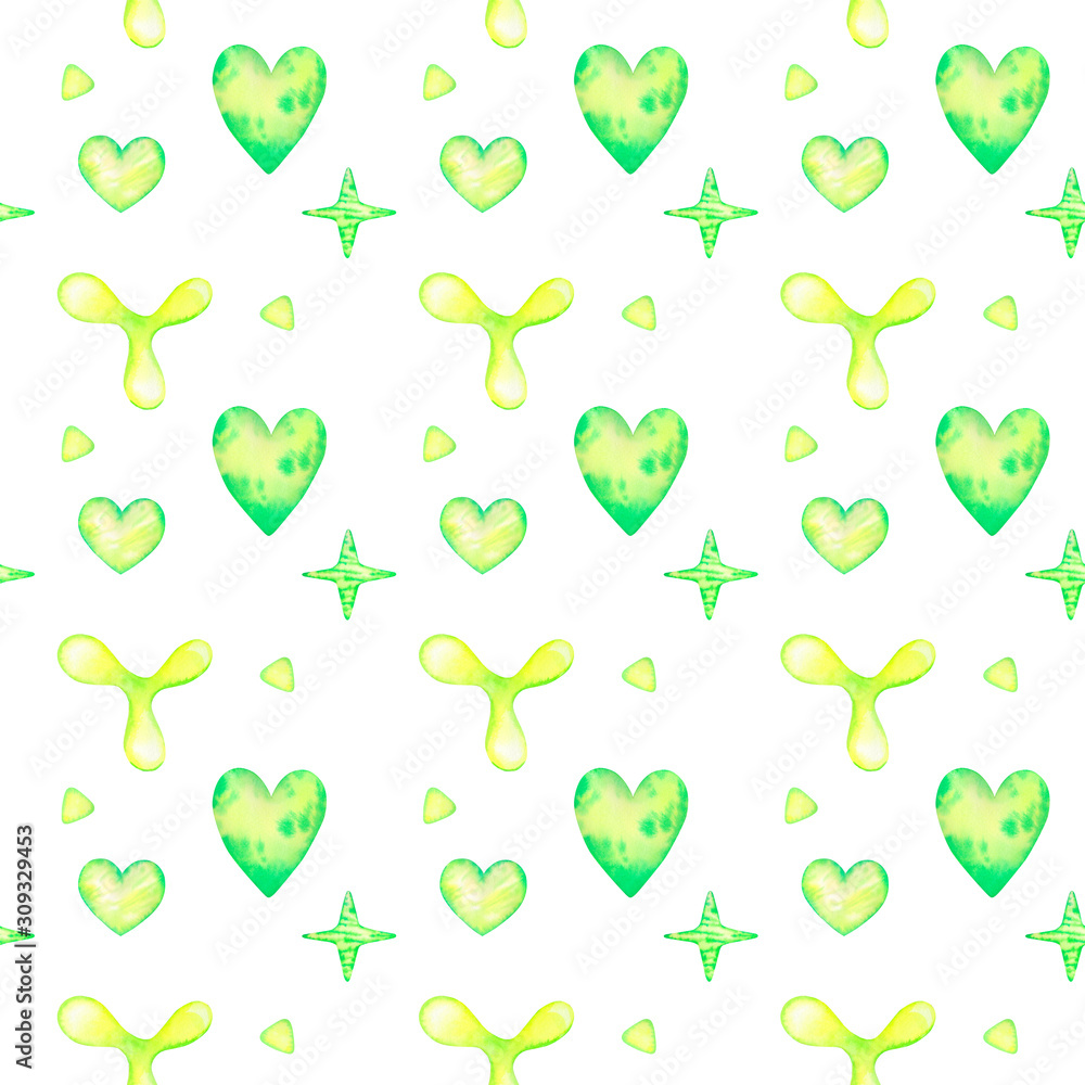 Seamless pattern with watercolor hearts and stars and other elements in bright neon shades of green and yellow. Perfect for packaging design, textiles, print design Seamless pattern with watercolor hearts and stars and other elements in bright neon shades of green and yellow. Perfect for packaging design, textiles, print design
