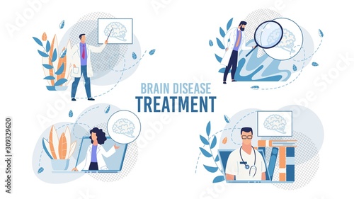 Brain Disease Determination and Treatment Set with Doctors at Work Scene. Neuropathologists, Therapists, Neurosurgeons Give Advice Online or at Appointment. Vector Cartoon Flat Illustration