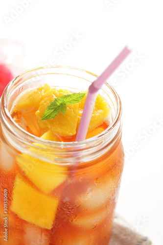 Jar drink, mango and mint tea for summer beverage image