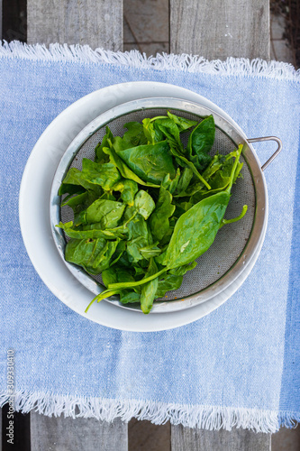 Soaked washed green spinach leaves in strainer. Vegan  vegetarian healthy food. 