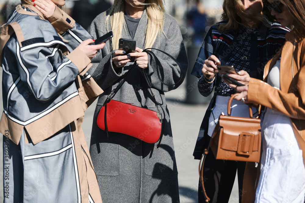 Fotografia do Stock: Milan, Italy - February 22, 2019: Street style – Prada  purse detail after a fashion show during Milan Fashion Week - MFWFW19 |  Adobe Stock