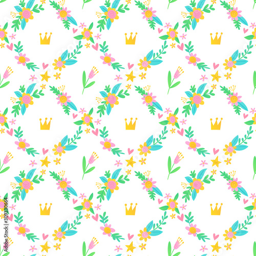 Vector summer seamless pattern with flowers and magic elements.
