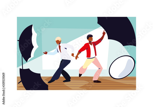 men posing with cameras in photo studio