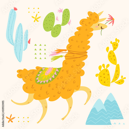 Cute vector design with alpaka and cacti