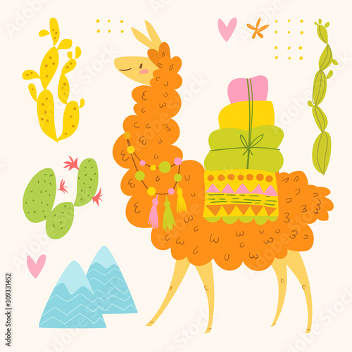Cute vector design with alpaka and cacti
