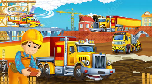 cartoon scene with industry cars on construction site and flying helicopter and plane - illustration for children