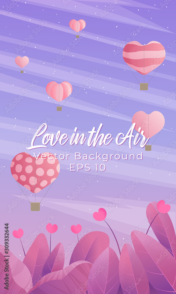Valentines day vertical vector background with illustration of air ballons in the sky and leaves with hearts flowers in pink and violet colours and grain texture. Best for banners, wallpaper or flyer.