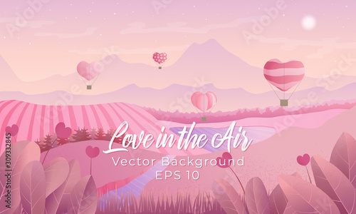 Valentines day horizontal vector background with air ballons in the sky, medow, mountains, river and forest in pink colours and grain texture. Best for banners, wallpaper or flyer design.