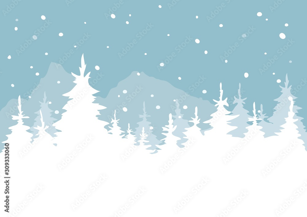 Snowy mountains and firs, Christmas background / Vector illustration, winter banner 