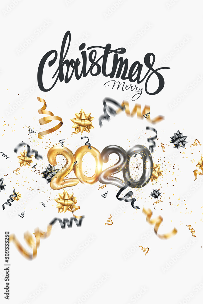 Obraz premium Merry Christmas text on a white background. Black-gold design. Calligraphy lettering card design template. Holiday greeting gift poster. 3D illustration, 3D render