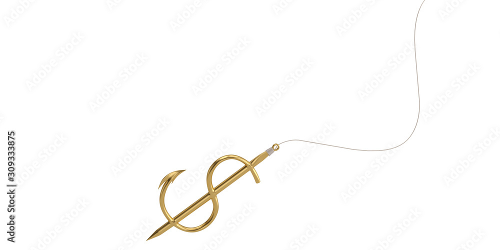 Dollar sign fishhook isolated on white background. 3D illustration Dollar sign fishhook isolated on white background. 3D illustration