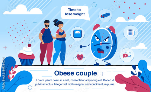 Overweight and Obesity Health Problems Trendy Flat Vector Banner, Poster Template. Obese Couple Suffering from Overweight, Scared of Heart, Vascular Diseases Causes, Wants to Lose Weight Illustration