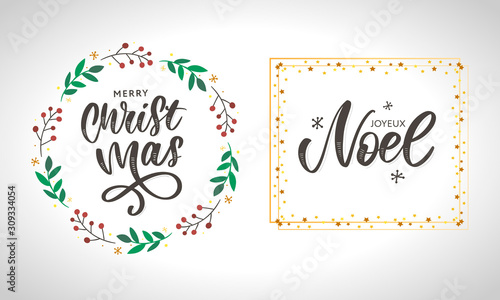 Merry Christmas card template with greetings in french language. Joyeux noel. Vector illustration EPS10