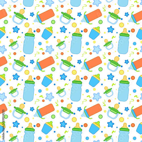 vector pattern for a newborn from different elements: nipples, bottles of different shapes with baby food, stars on a white background. Great for packaging design, textiles, cards