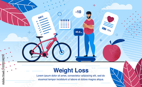 Weight Loss Strategy Planning, Healthy Life Activities Trendy Flat Vector Banner, Poster Template. Obese African-American Man Standing on Scales, Analyzing Weight Loss After Diet, Sports Illustration