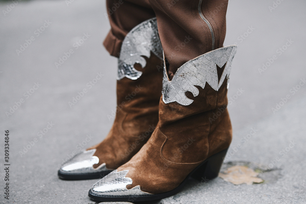 Paris, France - March 03, 2019: Street style outfit - Cowboy Boots in  detail after a fashion show during Paris Fashion Week - PFWFW19 Stock Photo  | Adobe Stock