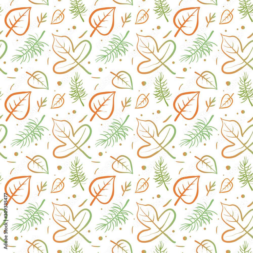 vector seamless pattern with autumn leaves in different shapes and colors drawn by line