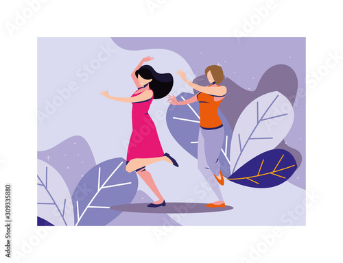 women dancing with landscape background