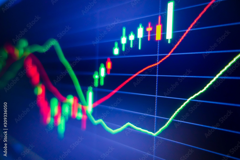 Blue stock exchange market graph on LED screen for business analysis. Finance and economic graphs.