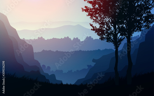 Natural forest trees mountains horizon hills Sunrise and sunset Landscape wallpaper Illustration vector style Colorful view background