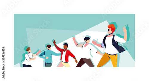 scene of men in dance pose, party, dance club