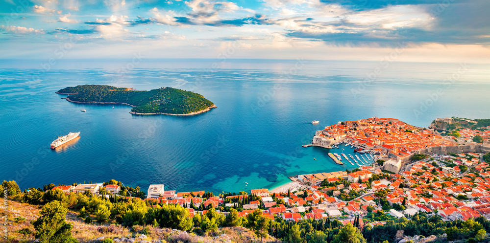 Most amazing views of Dubrovnik city possible to see when climbing to the Fort Imperial. Colorful summer scene of Croatia, Europe. Beautiful world of Mediterranean countries.