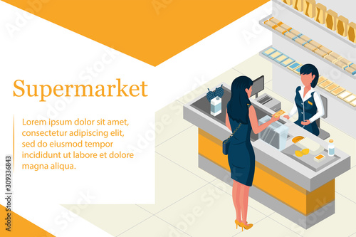 Isometric concept. Woman shopping in a supermarket at a retail grocery store. The buyer pays for the purchase. The cashier serves consumers. Landing page Vector illustration