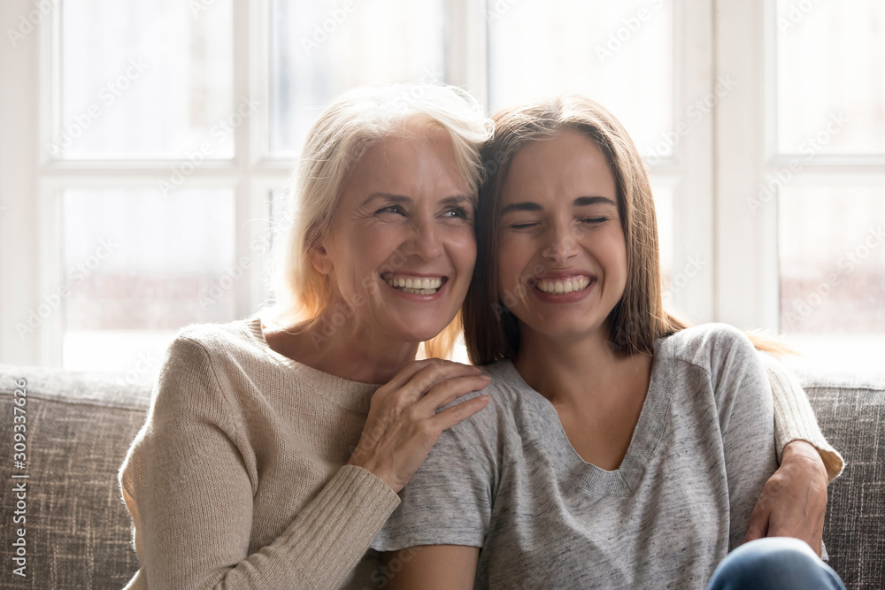 Happy senior mom and adult daughter have fun at home - obrazy, fototapety, plakaty 