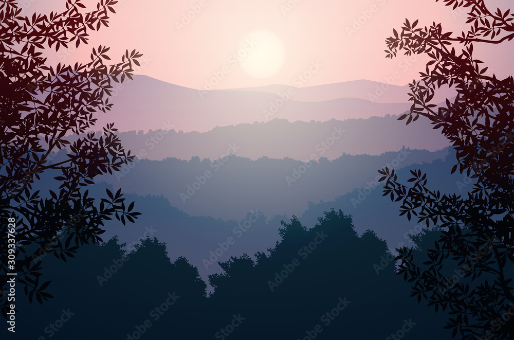 Fototapeta premium Natural forest trees mountains horizon hills Sunrise and sunset Landscape wallpaper Illustration vector style Colorful view background