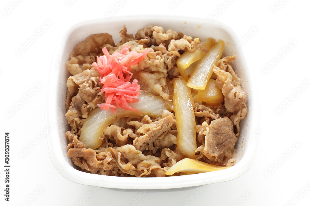 Japanese food, Gyudon simmered beef and onion on rice in take out lunch box Japanese food, Gyudon simmered beef and onion on rice in take out lunch box