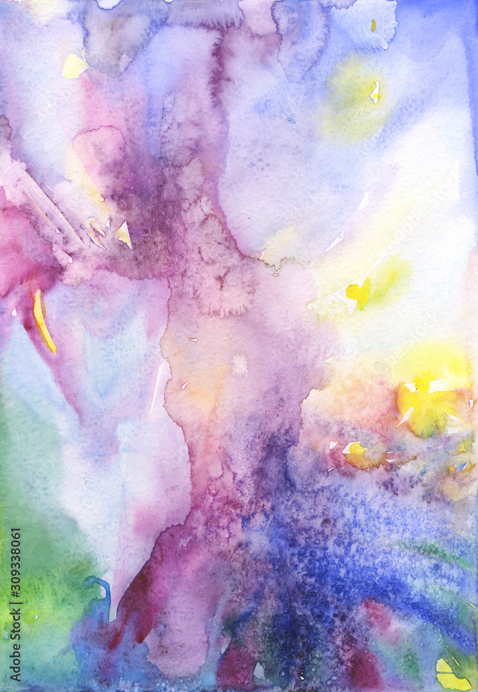 Watercolor graphic art texture for use in design .Iridescent colors pink yellow blue violet
