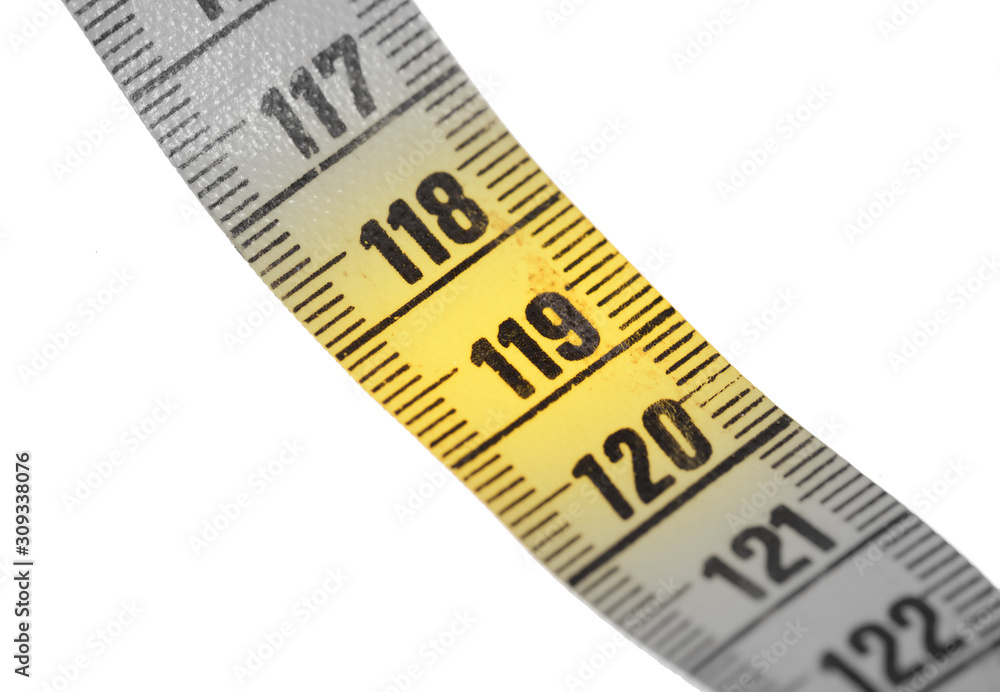 Close-up of a yellow measuring tape isolated on white - 119 Close-up of a yellow measuring tape isolated on white - 119