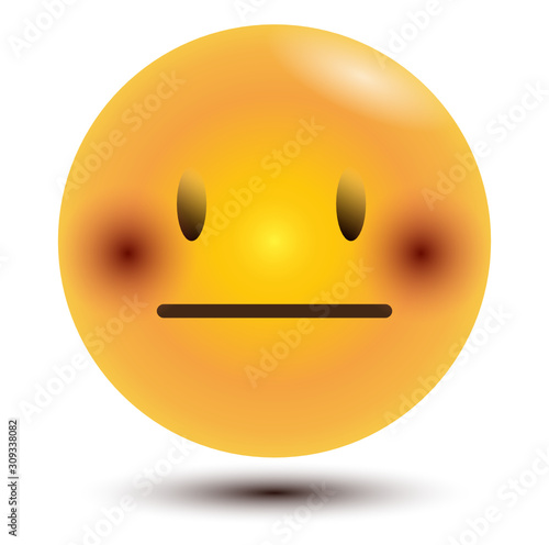 Flushed neutral face emoji. Yellow face emoticon with a small, closed mouth and blushing cheeks. Expressing embarrassment, disbelief, excitation.