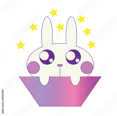 White bunny in a hat. Cute rabbit with wide open eyes and stars above its head is peeking out of a magicians hat.