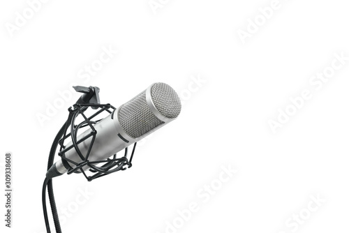 High quality condencer microphone with clipping path. Close up of high fidelity microphone hanging  on holder isolated on white background for youtuber and vlogger.