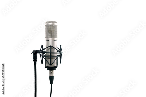 High quality condencer microphone with clipping path. Close up of high fidelity microphone hanging  on holder isolated on white background for youtuber and vlogger.
