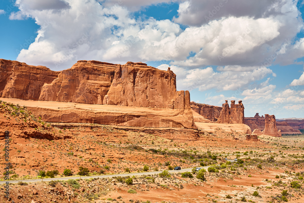 Rock formations in Arches National Park, USA.